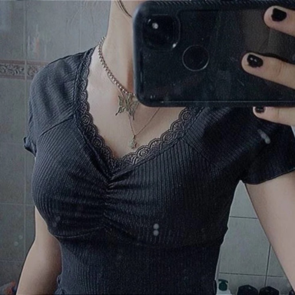 Black Lace Sweet Heart Neckline Crop Top